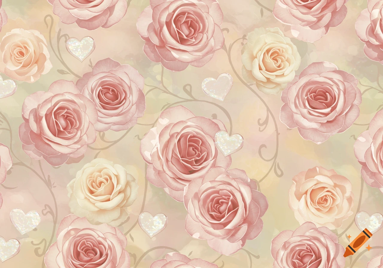 A seamless pattern of watercolor pink and cream roses with sparkling hearts and subtle swirling vines on a soft background.