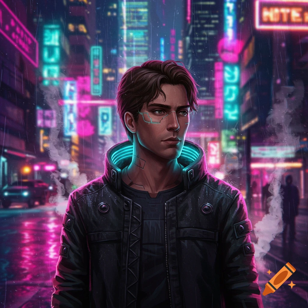 A man with glowing cybernetic implants stands in a rainy cyberpunk city street filled with neon lights.