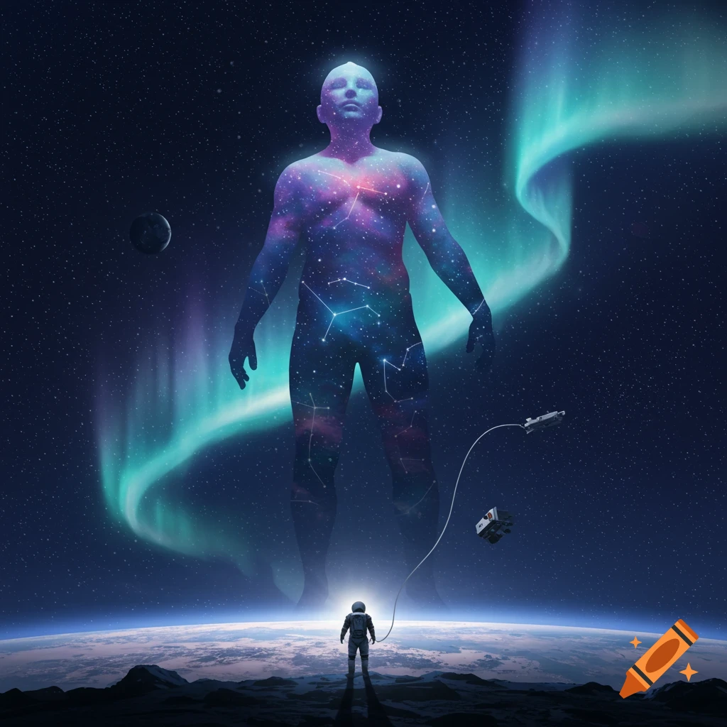 A cosmic giant made of stars stands over a planet, with an astronaut looking up from the surface, under an aurora.