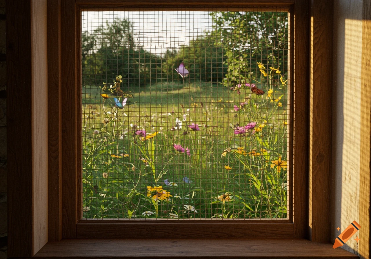 View through a wooden window frame and screen to a sunny grassy field with wildflowers and butterflies.