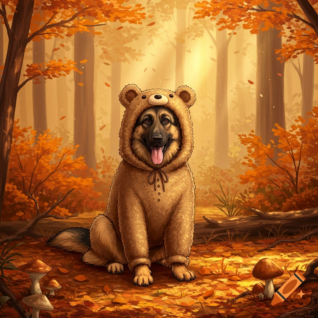 A German Shepherd dog wearing a cute brown bear costume sits in a vibrant autumn forest filled with orange leaves and mushrooms.