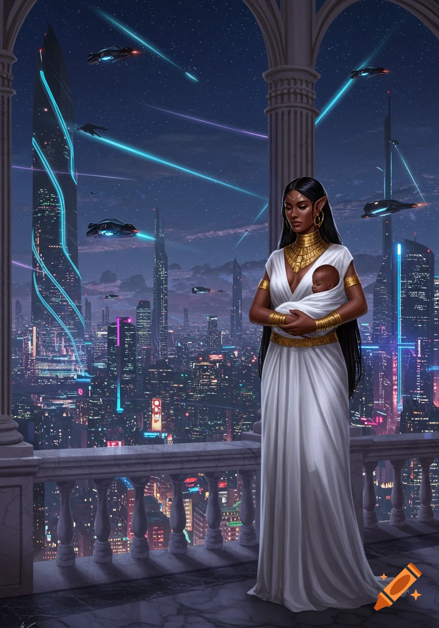 Elf-like noblewoman holding a baby on a balcony overlooking a neon-lit futuristic city at night.