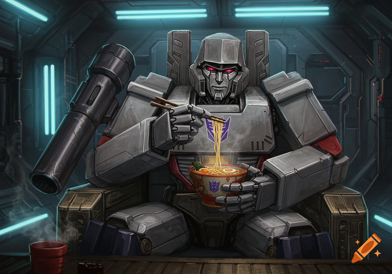 Megatron, a gray Transformer robot, sits in a chair in a dark, futuristic room, expertly eating ramen noodles with chopsticks from a decorated bowl.