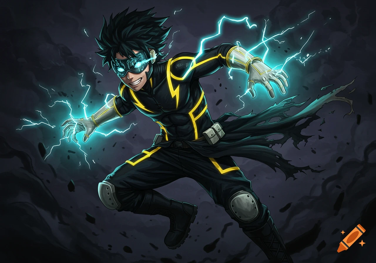 A dark-haired male superhero in a black and yellow suit with a visor, emitting blue lightning from his hands in a dynamic action pose.