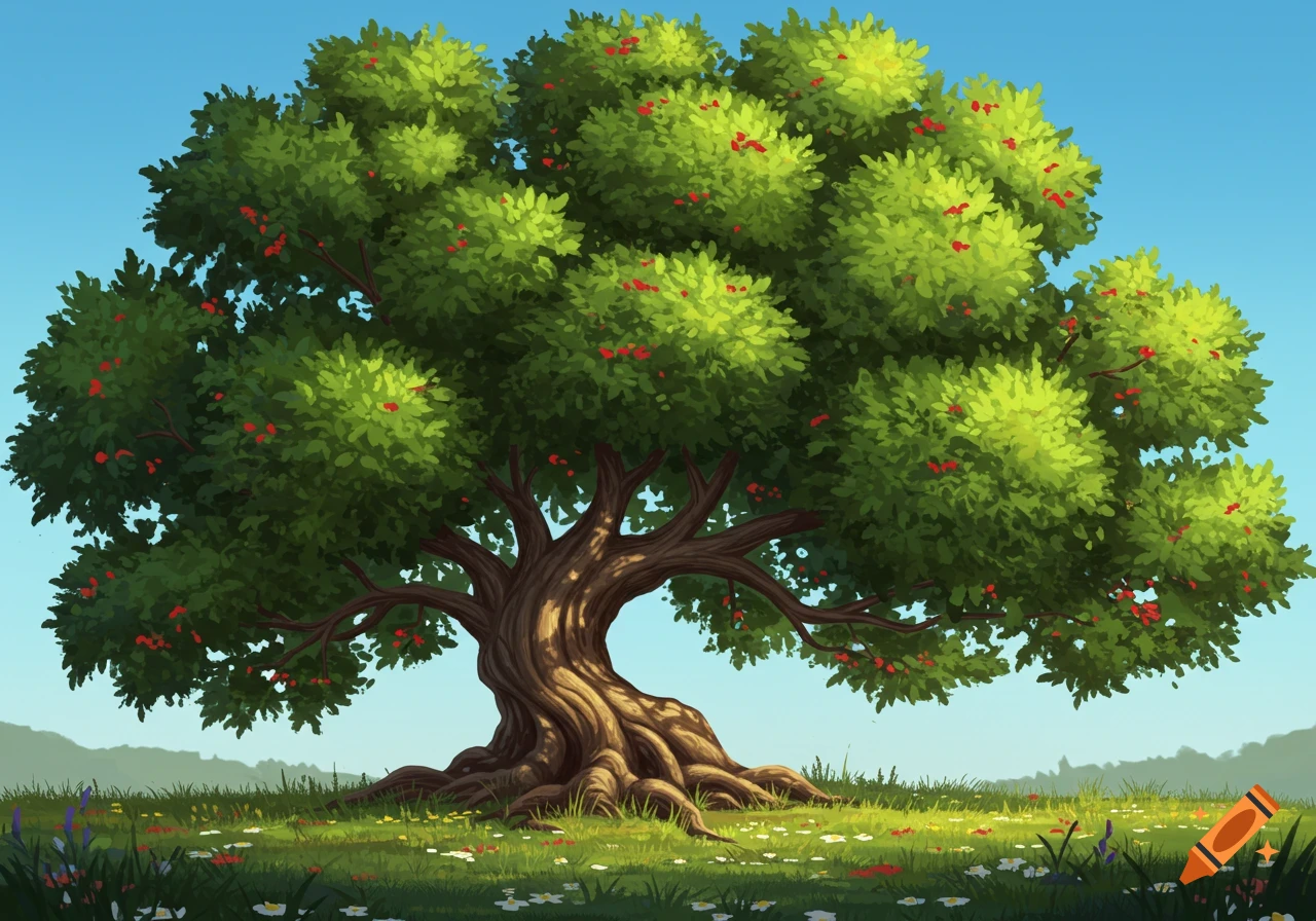 Large green tree with red berries in a sunny field with wildflowers under a blue sky, illustration.
