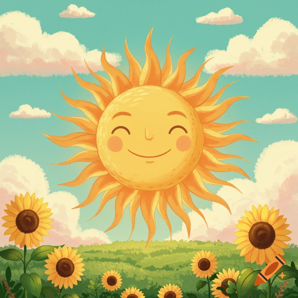 A cheerful, cartoon-style sun with a smiling face in a field of yellow sunflowers under a blue sky with clouds.