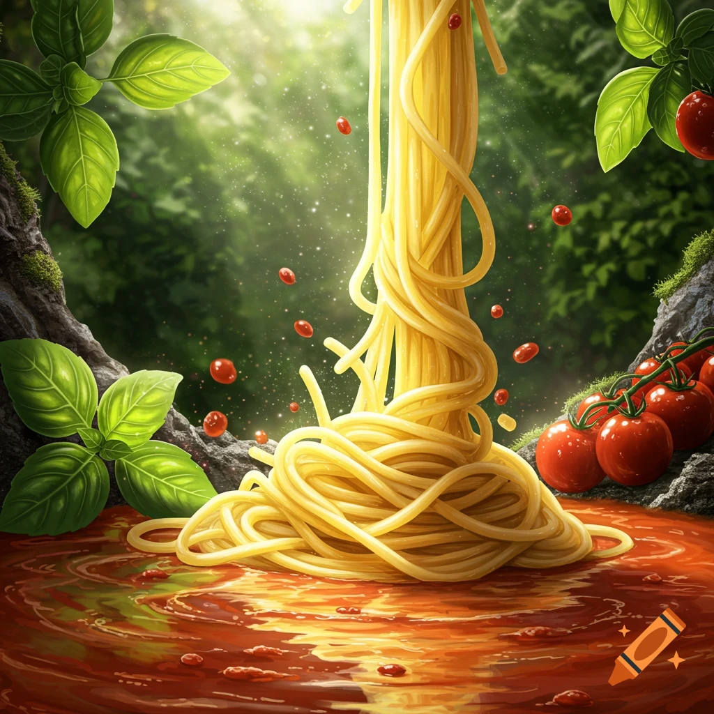 A fantastical image of spaghetti forming a waterfall into tomato sauce, surrounded by basil leaves, tomatoes, and a lush green forest.