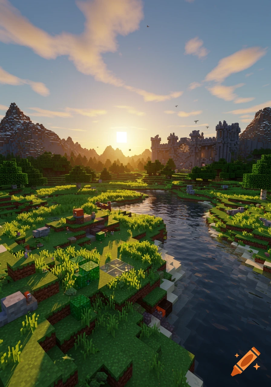 A vibrant Minecraft landscape at sunset, featuring a river, green plains, distant mountains, and a large castle under an orange sky.
