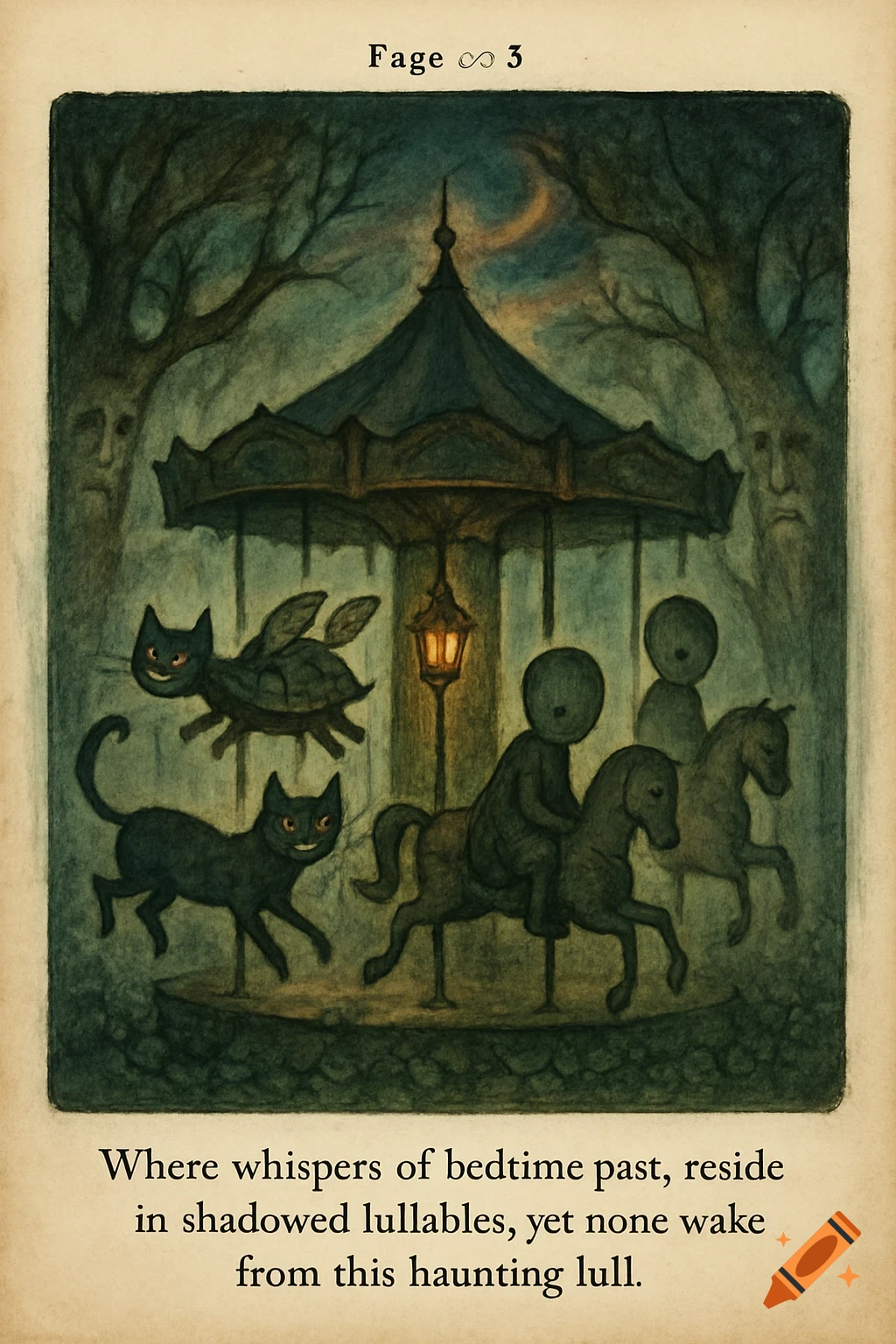 An eerie illustration from a forgotten children's book depicts a spooky carousel with black cats, a winged turtle, and faceless figures riding horses. The background features gnarled trees with faces and a crescent moon in a dark, teal sky. Text at the top reads "Fage ", and a haunting poem is at the bottom.