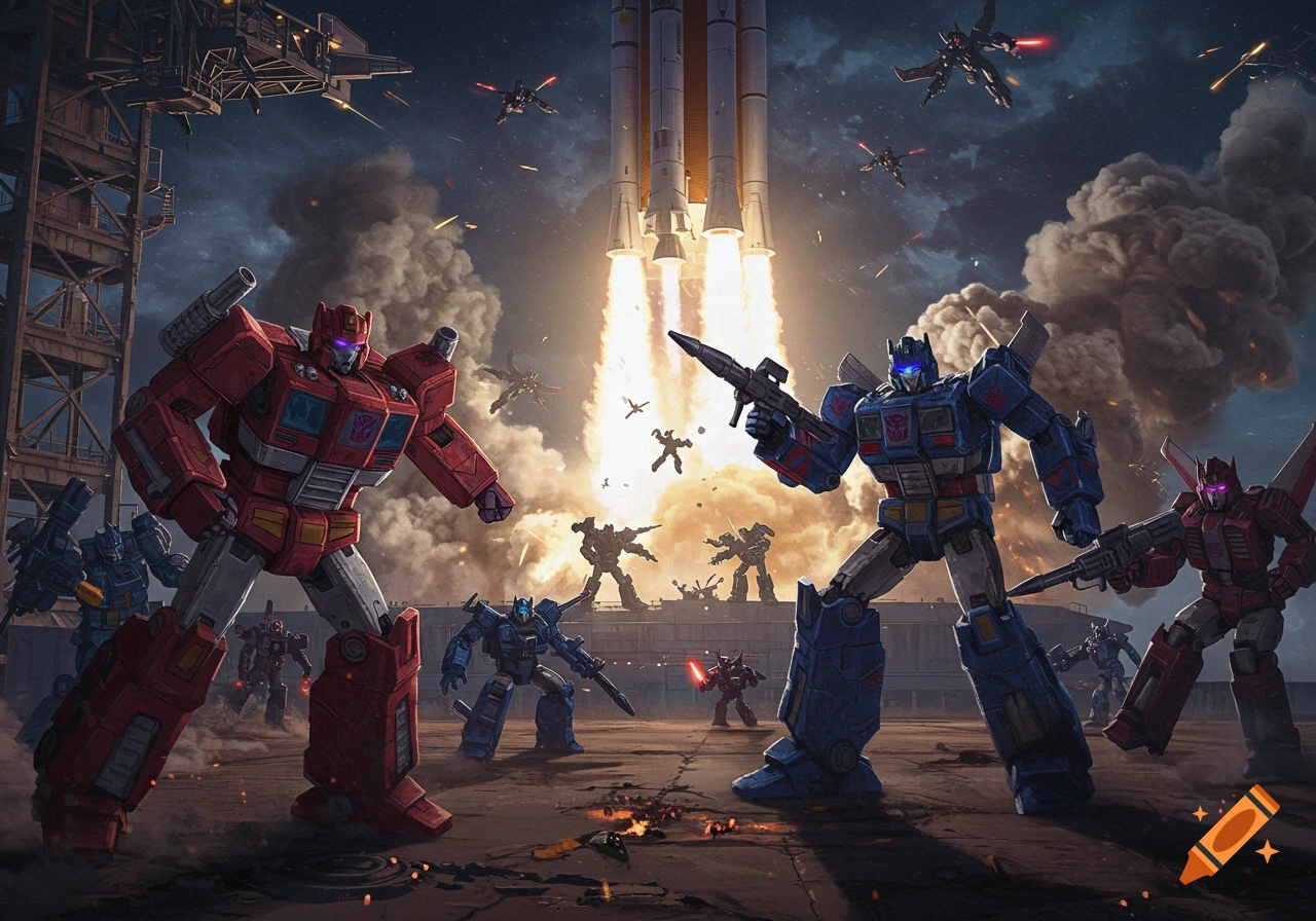 Heroic Autobots and Evil Decepticons battle around a launching space rocket at a military space-force pad in a dramatic, photorealistic style.