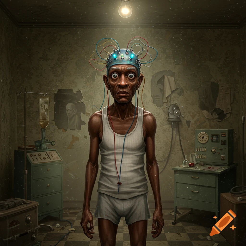 A gaunt, wide-eyed old man wearing an EEG cap and tank top stands in a dilapidated room with medical equipment, in a dark, surreal style.