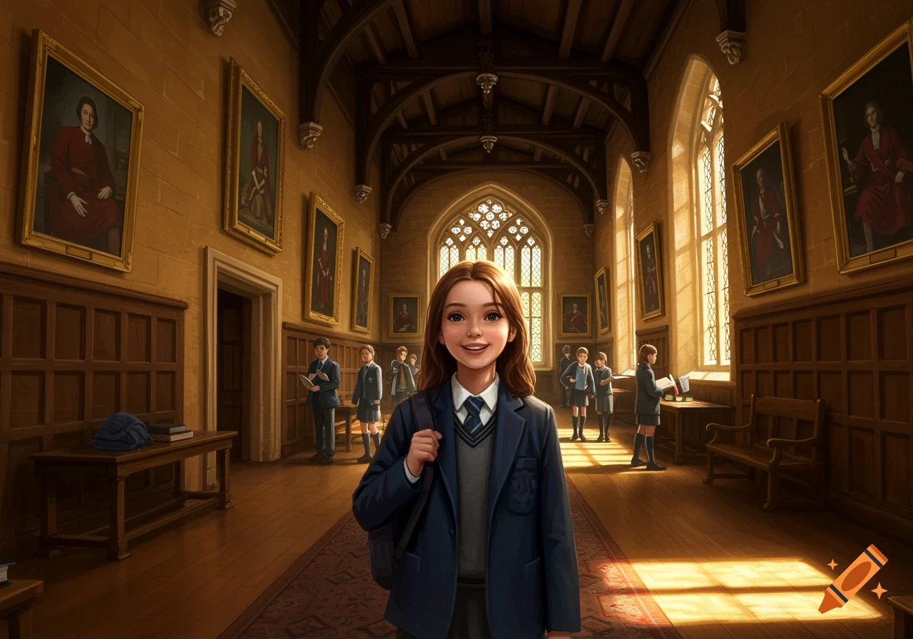 A smiling brown-haired girl in a school uniform stands in a grand, sunlit hallway with other students and portraits on the walls.