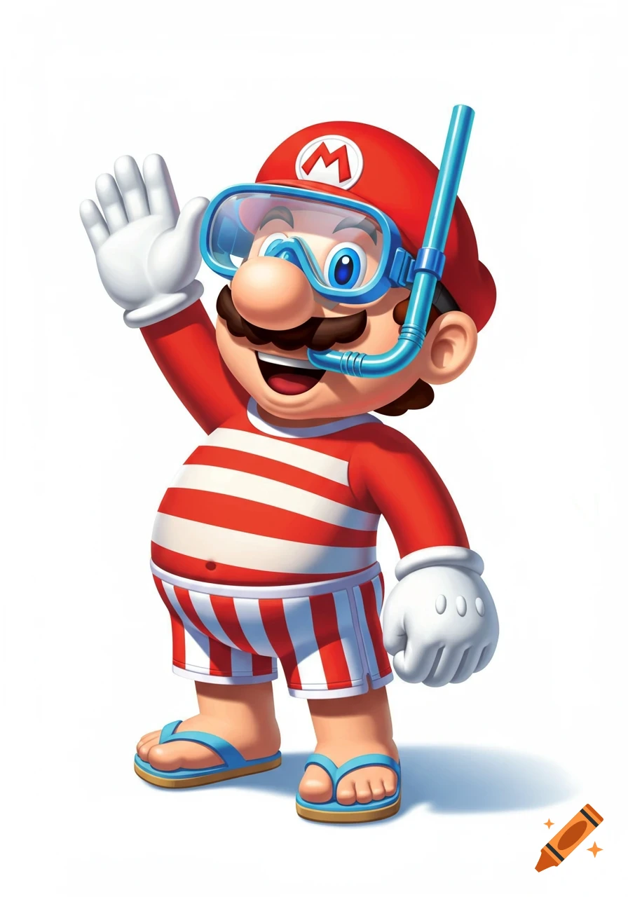 Mario in a red and white striped swimsuit, red hat, goggles, and snorkel, waving on a white background.