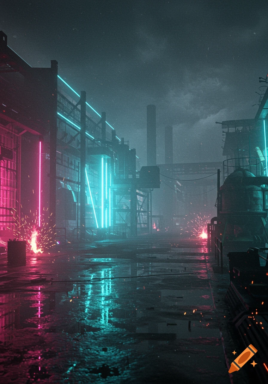 A gloomy, futuristic industrial landscape with pink and cyan neon lights reflecting on a wet ground, showing sparks.