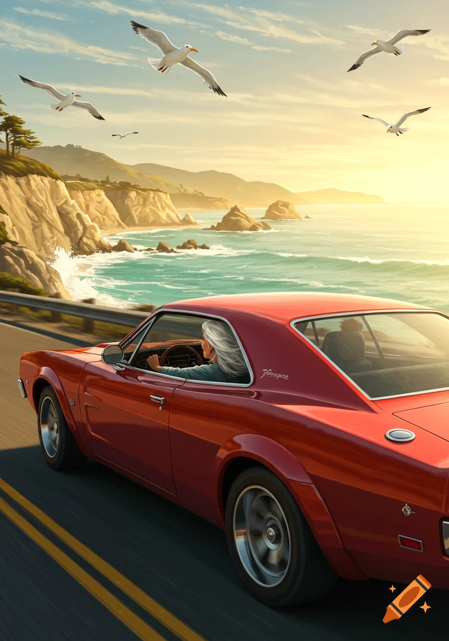 An old woman drives a red classic car along a coastal highway with cliffs, ocean, and seagulls flying under a sunset sky, in a stylized illustration.