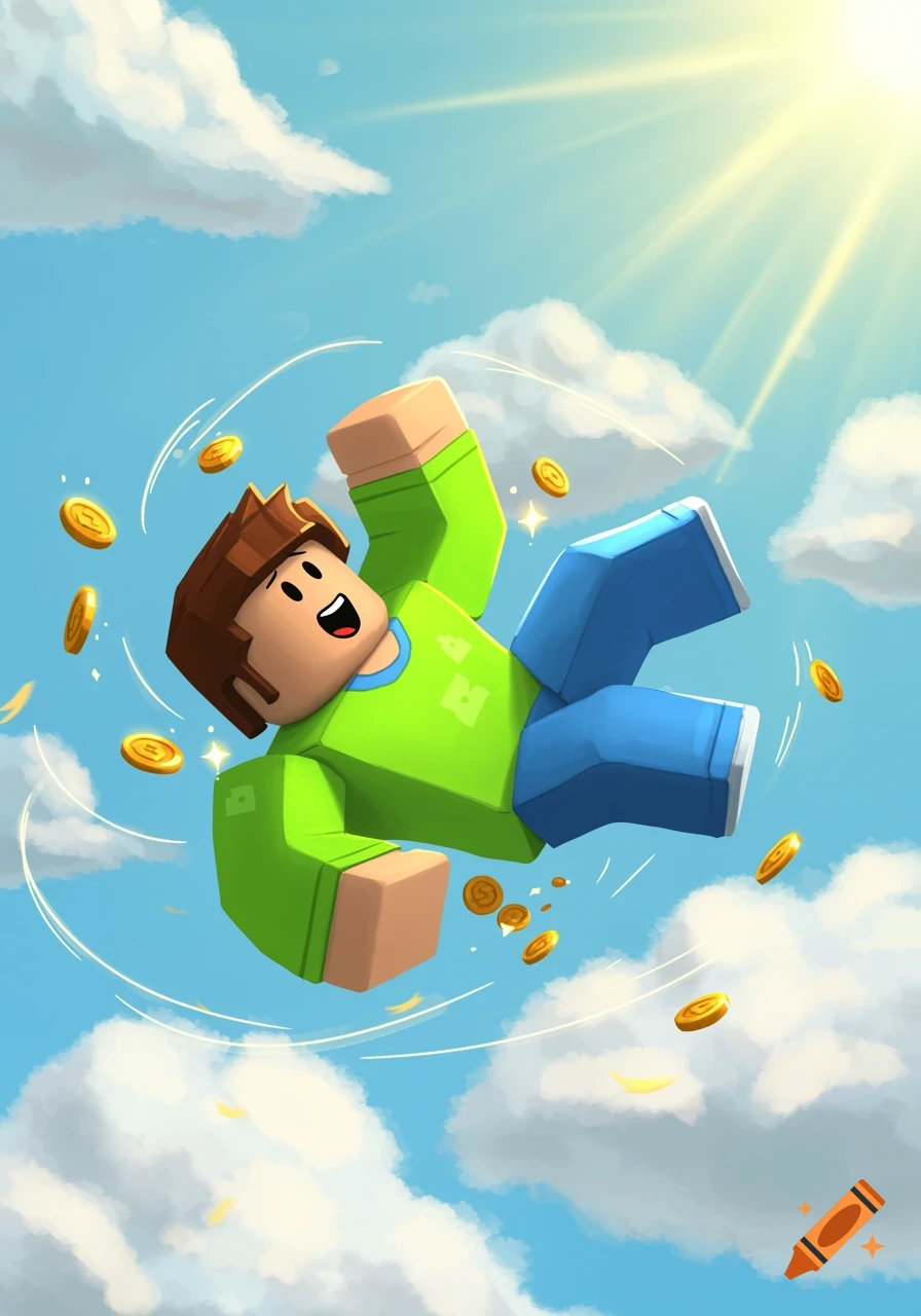 Stylized blocky character falls through a bright blue sky filled with clouds and sparkling gold coins, with sunbeams from above.