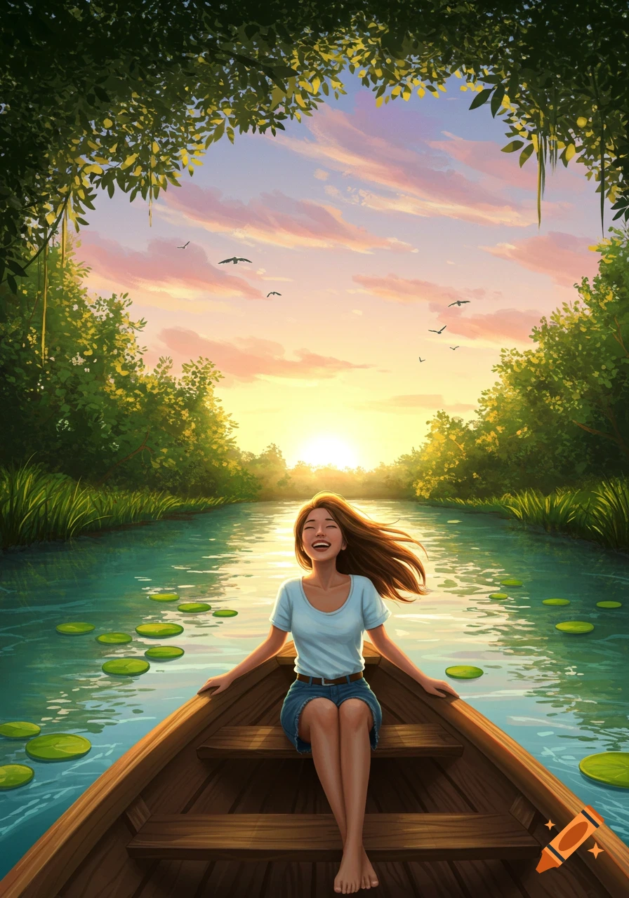 A smiling girl in a wooden boat on a river, surrounded by lush trees under a vibrant sunset sky, in an illustrative style.