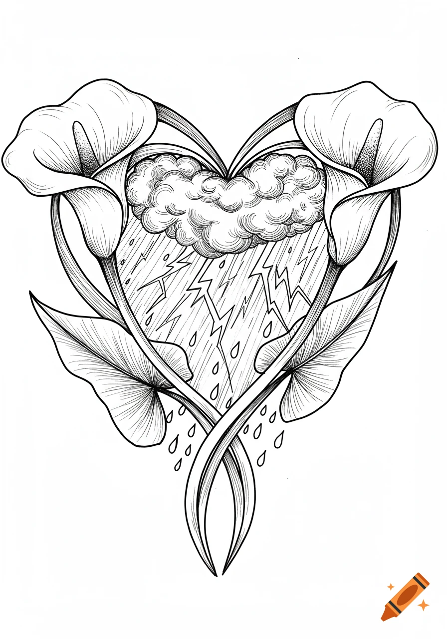 Black line art tattoo design featuring two calla lilies forming a heart shape, enclosing a storm cloud with lightning and raindrops.