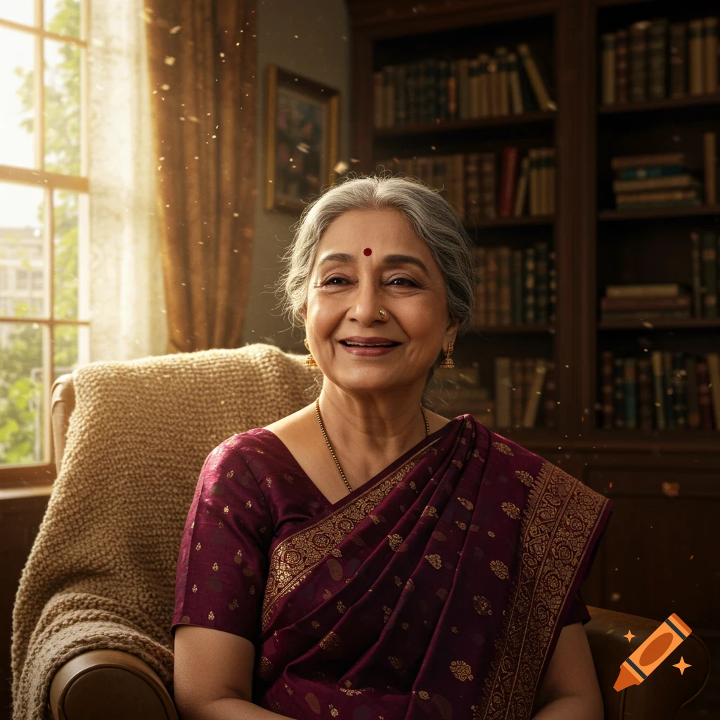 A smiling elderly Indian woman with gray hair and a bindi, wearing a maroon sari, sits in a cozy room with bookshelves and a sunny window.