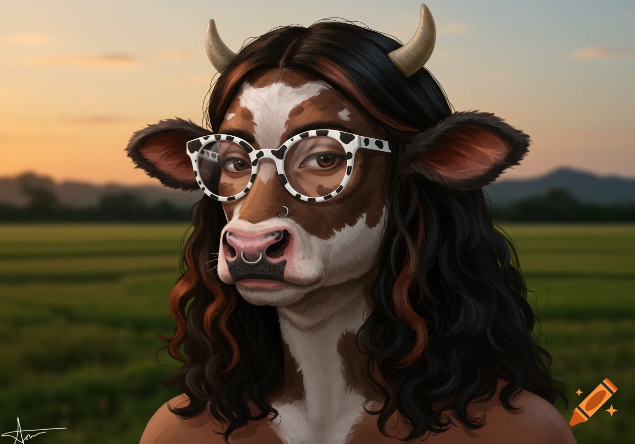 Digital painting of a human-cow hybrid with brown and white fur, long black curly hair with auburn highlights, cow-print glasses, and nose piercings, set against a green field and sunset sky.