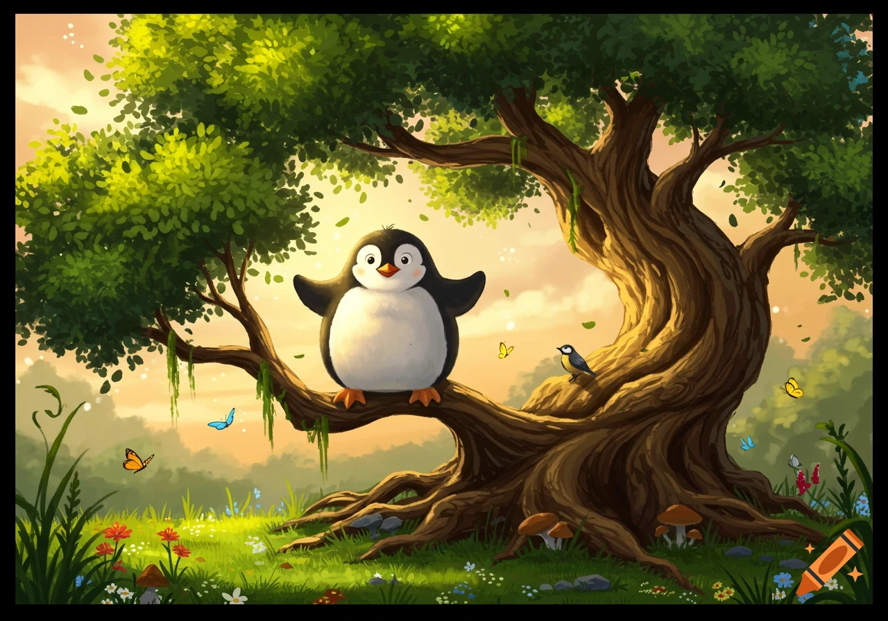 Cartoon penguin sits on a tree branch in a vibrant, whimsical forest with butterflies and a small bird.