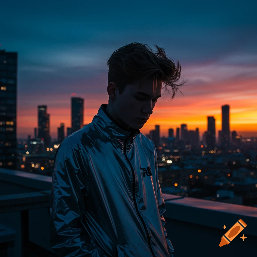 A young man in a metallic jacket looks down against a dramatic orange and blue sunset over a city skyline.