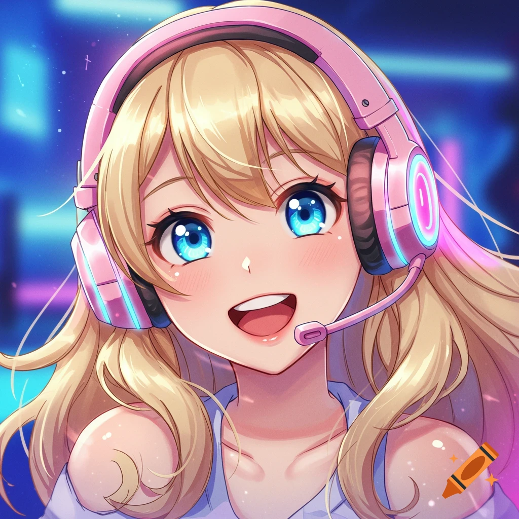 An anime profile picture of a smiling blonde girl with bright blue eyes wearing a pink gaming headset.