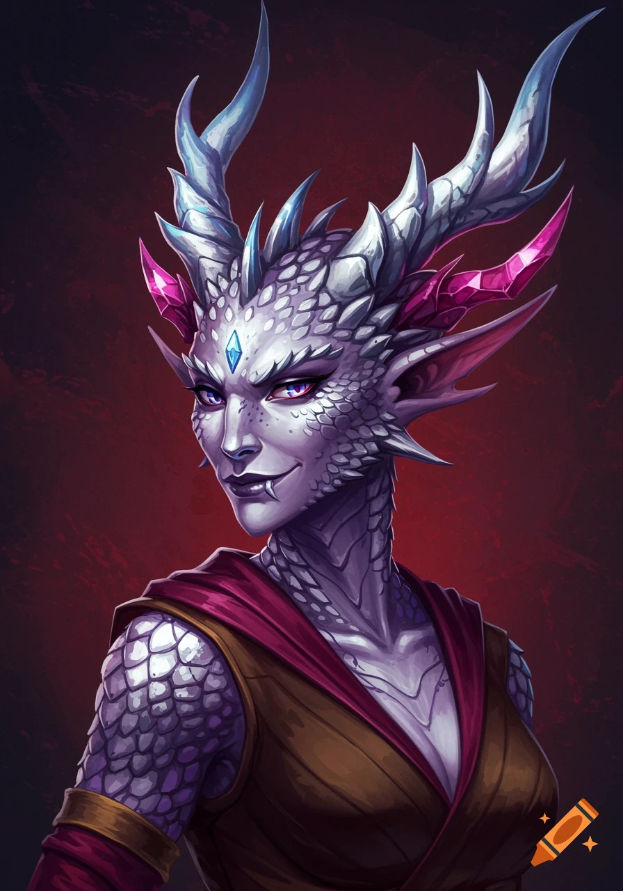 A cocky female Dragonborn with silver scales, magenta-pink gemstone antlers, and silver horns, wearing a burgundy and brown adventurer outfit in a fantasy oil painting style.
