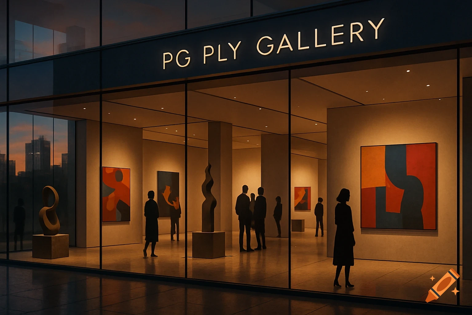 A photorealistic evening view of the PG PLY GALLERY entrance, showcasing modern abstract art and sculptures through large glass windows, with silhouettes of visitors inside.