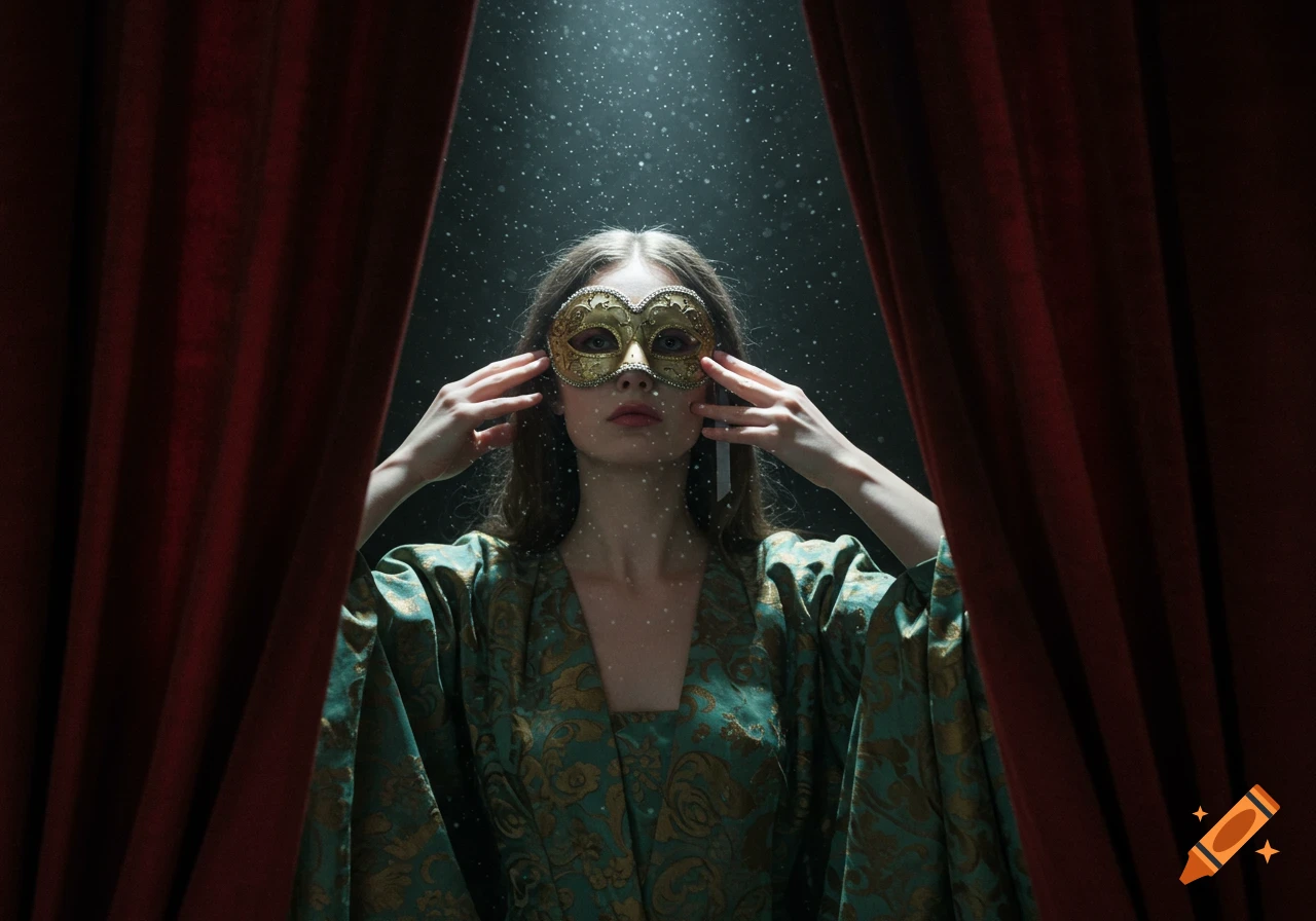 A young woman in a golden mask and green brocade robe stands between red curtains under a spotlight.