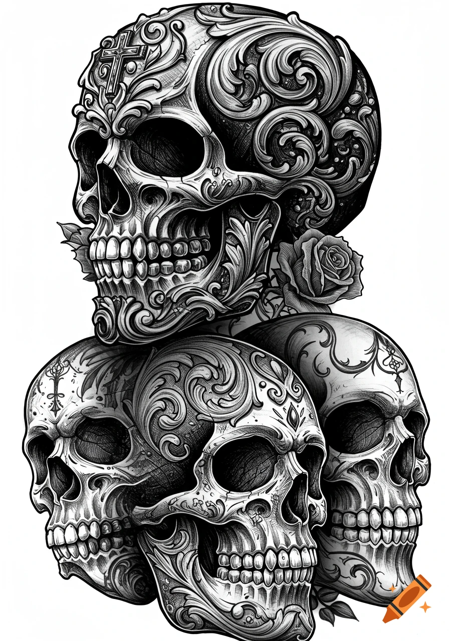 Three intricately detailed black and white skulls adorned with flourishes and roses, designed in a high-contrast tattoo style.
