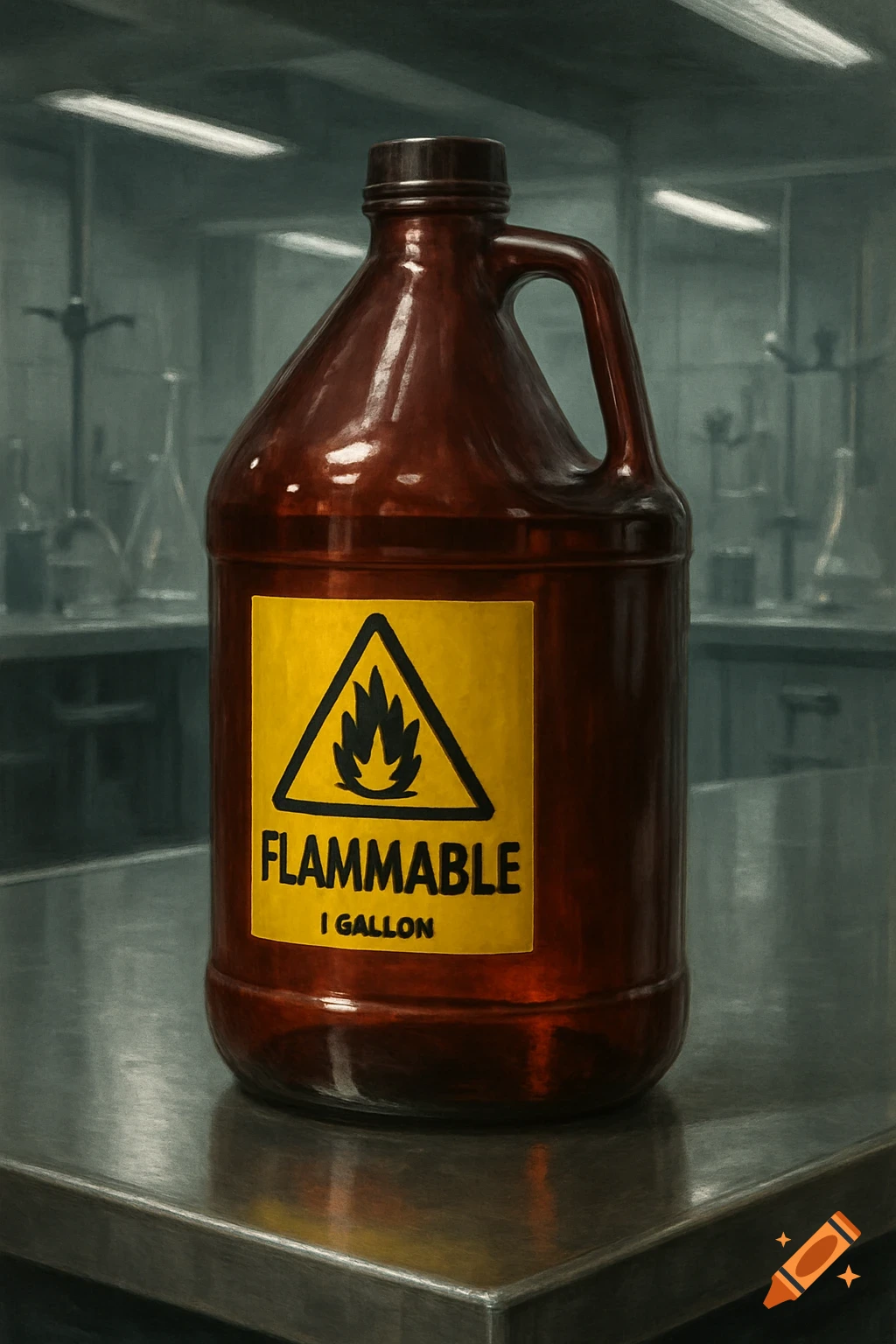 A reddish-brown 1-gallon jug with a yellow "FLAMMABLE" warning label, sitting on a metallic laboratory bench.