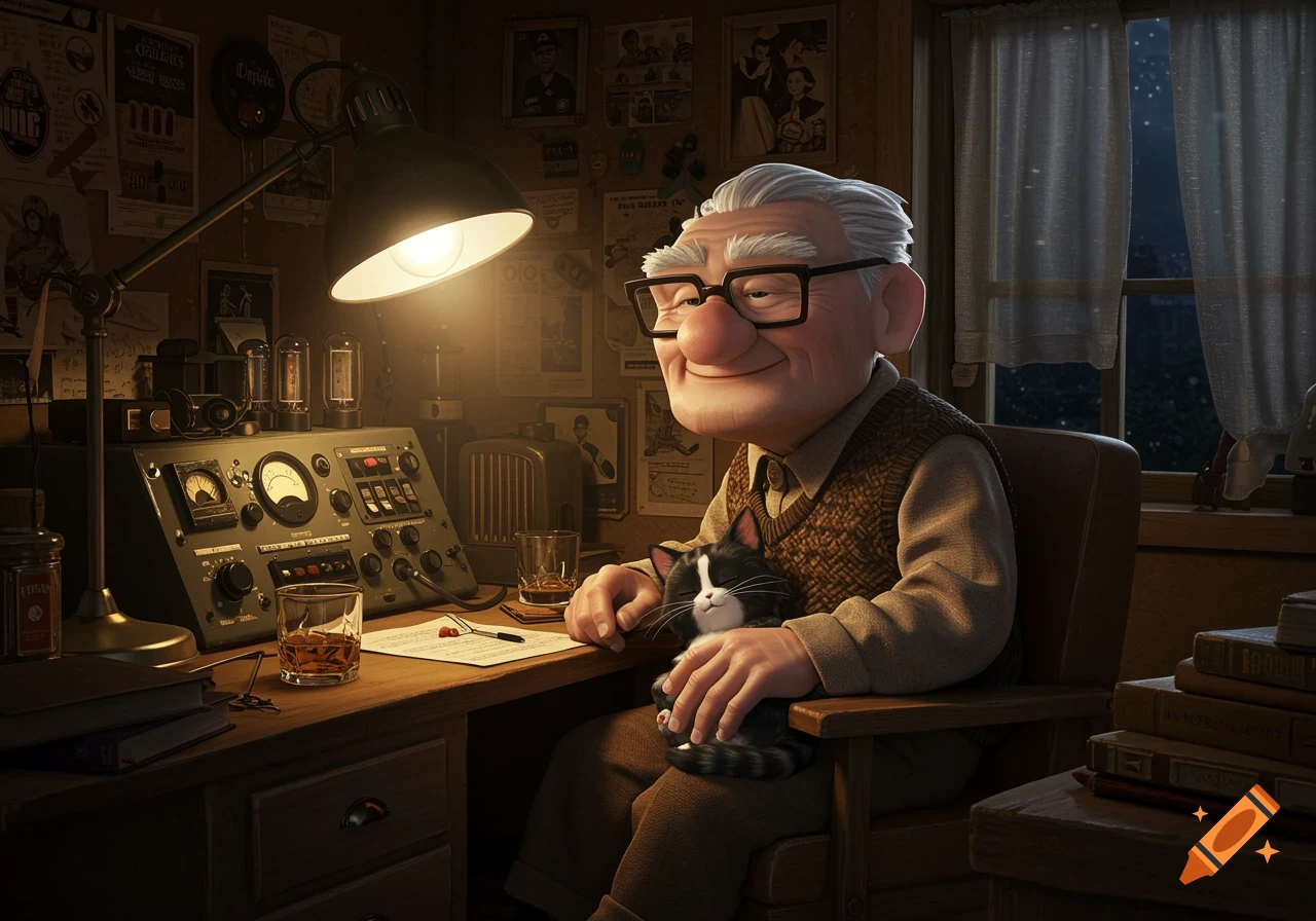 Animated elderly man resembling Carl Fredricksen smiles while petting a black and white cat on his lap at a vintage radio desk.