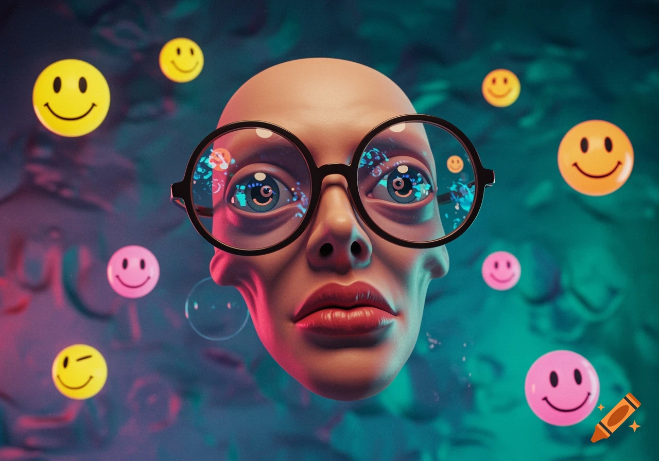 A bald, abstract face with prominent lips, wearing round glasses, surrounded by floating yellow and pink smiley faces in a colorful, surreal setting.