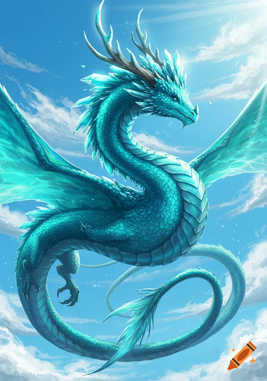 A majestic turquoise dragon with crystal horns and a crystal-tipped tail soars through a bright blue sky filled with clouds.