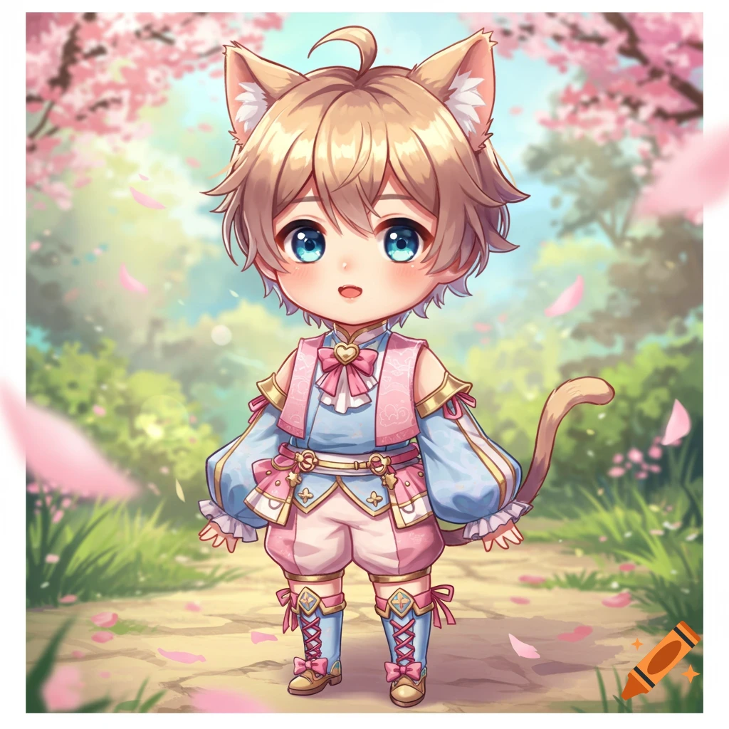 A cute chibi anime cat boy in a pink and blue outfit stands in a garden with falling cherry blossoms.