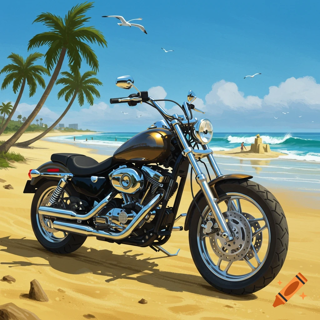 A brown and chrome motorcycle parked on a sandy beach with palm trees and seagulls under a blue sky, an illustration.