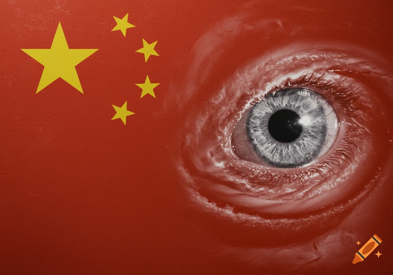 A large, realistic human eye with swirling white patterns around it, overlaid on a red Chinese flag with yellow stars.