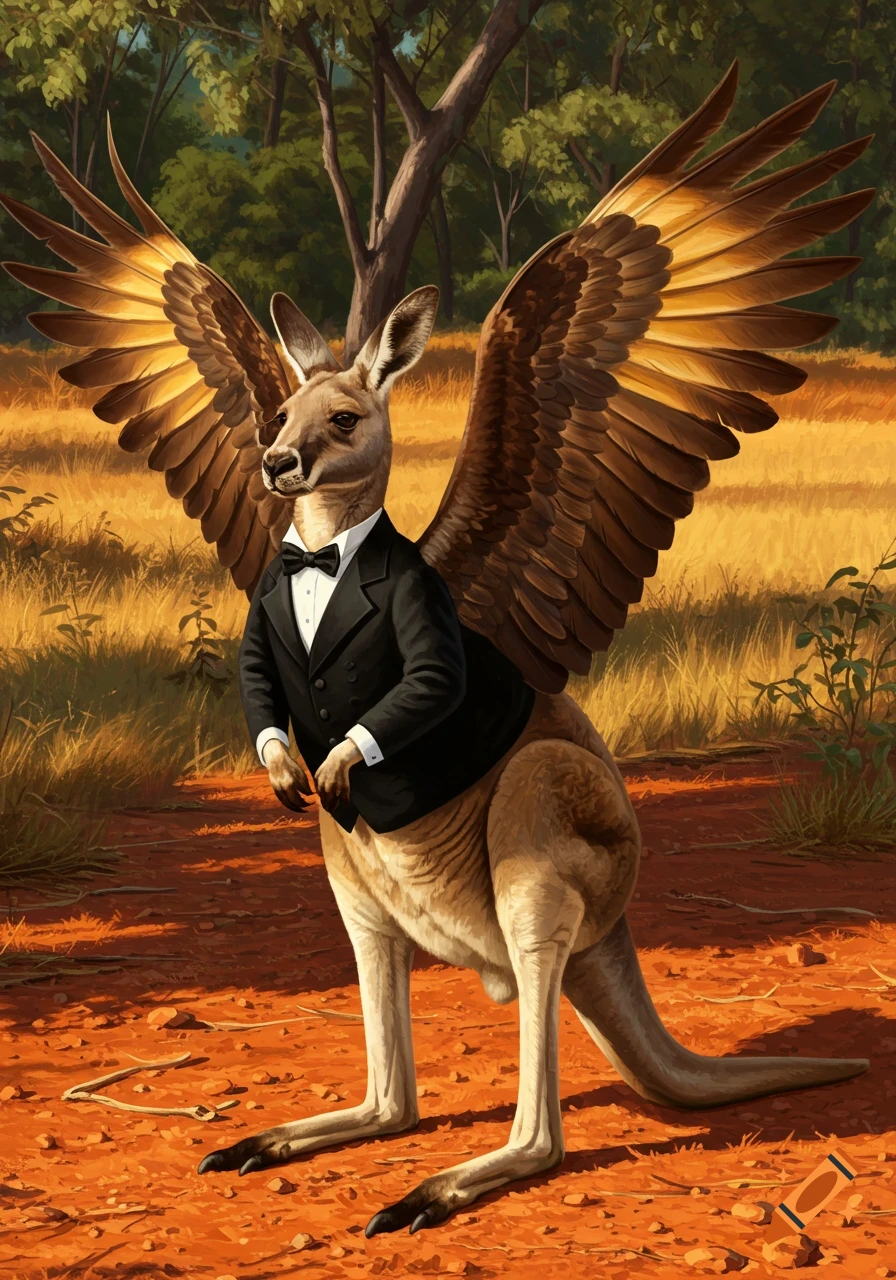 A kangaroo with large eagle wings wears a black tuxedo, standing in a dry, sunlit landscape with sparse trees and reddish soil.