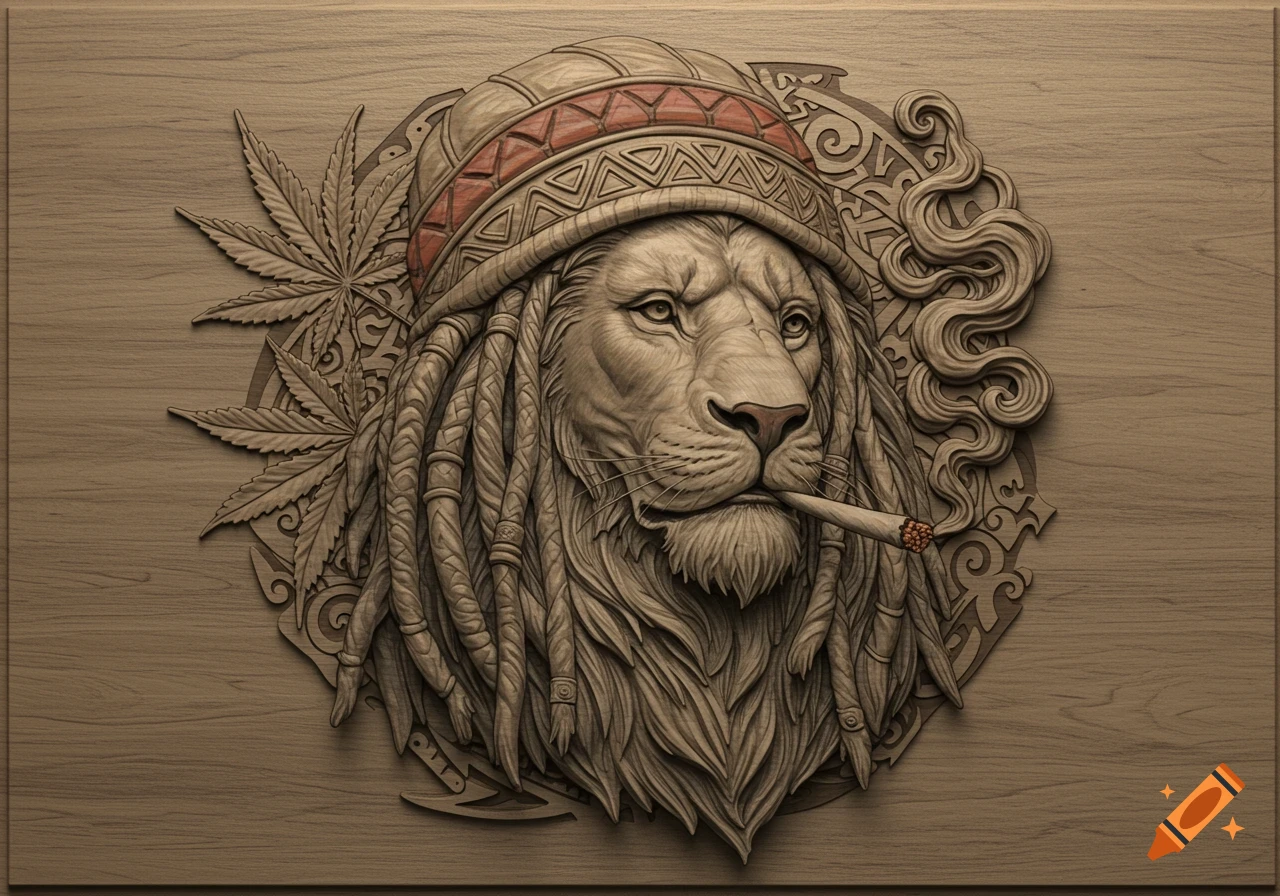 A detailed 3D wood relief carving of a Rasta lion with dreadlocks and a tam hat, smoking a joint, with cannabis leaves and tribal patterns.