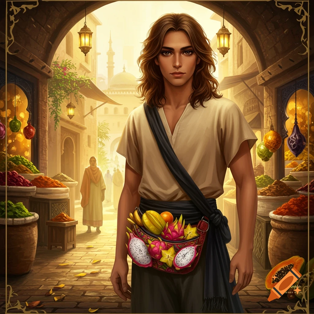 A young man with long brown hair stands in a vibrant marketplace with exotic fruits and spices under a golden archway.