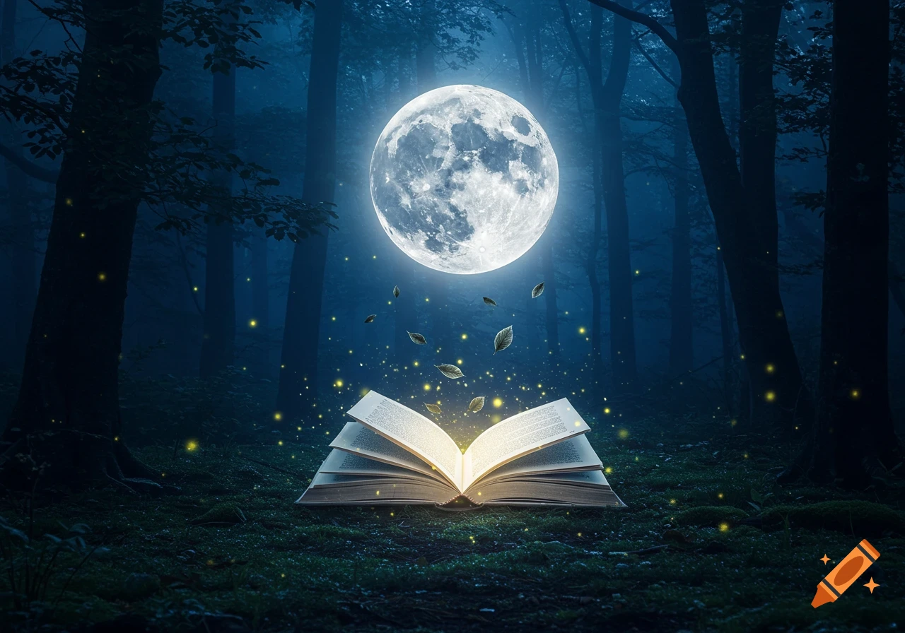 An open book glows brightly under a full moon in a mystical, dark forest with floating leaves and fireflies.