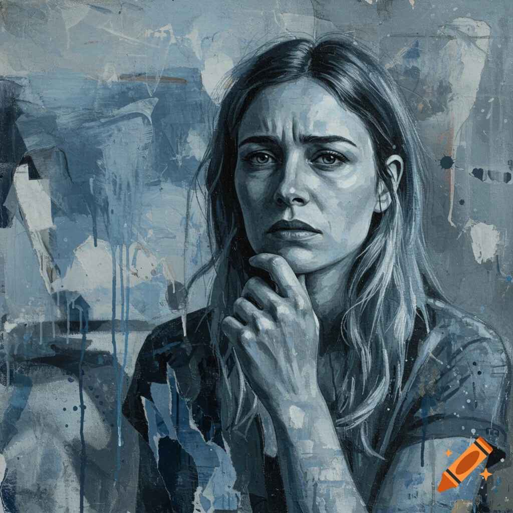 Painted portrait of a woman looking uneasy, resting her chin on her hand, against an abstract background of muted blues and grays.