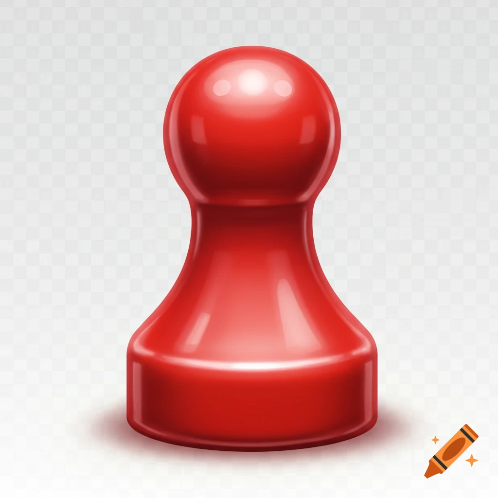 A glossy red plastic game pawn stands on a transparent background with a subtle shadow.