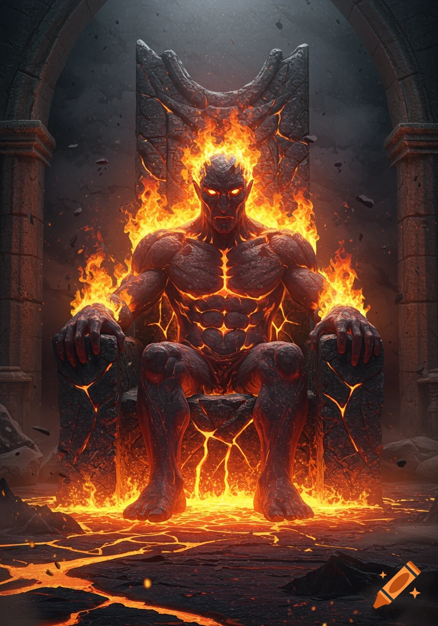 A powerful, fiery giant with glowing eyes sits on a cracked stone throne amidst lava in a dark, ruin-like setting.
