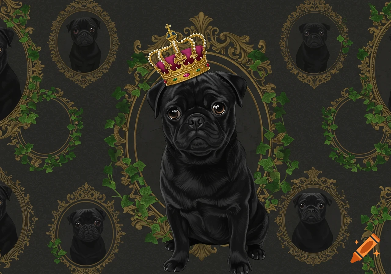 A royal black pug wearing a gold and ruby crown, featured as a repeating pattern with ornate frames and ivy on a dark background.