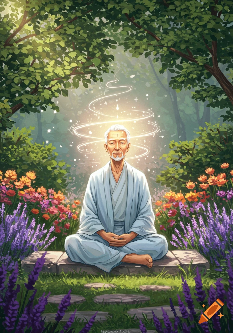 An elderly man meditates cross-legged on a stone bench in a vibrant garden, surrounded by trees and flowers, with glowing light spiraling above his head.