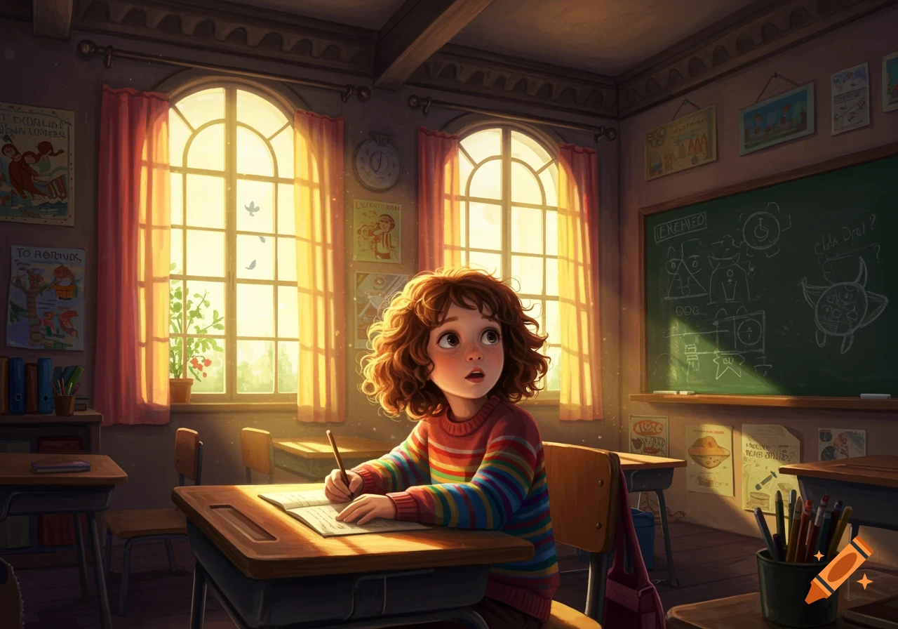 A young girl with curly brown hair wearing a colorful striped sweater sits at a desk in a sunlit classroom, writing in a notebook and looking up with a surprised expression. A blackboard with drawings and two large windows are in the background, along with various posters.