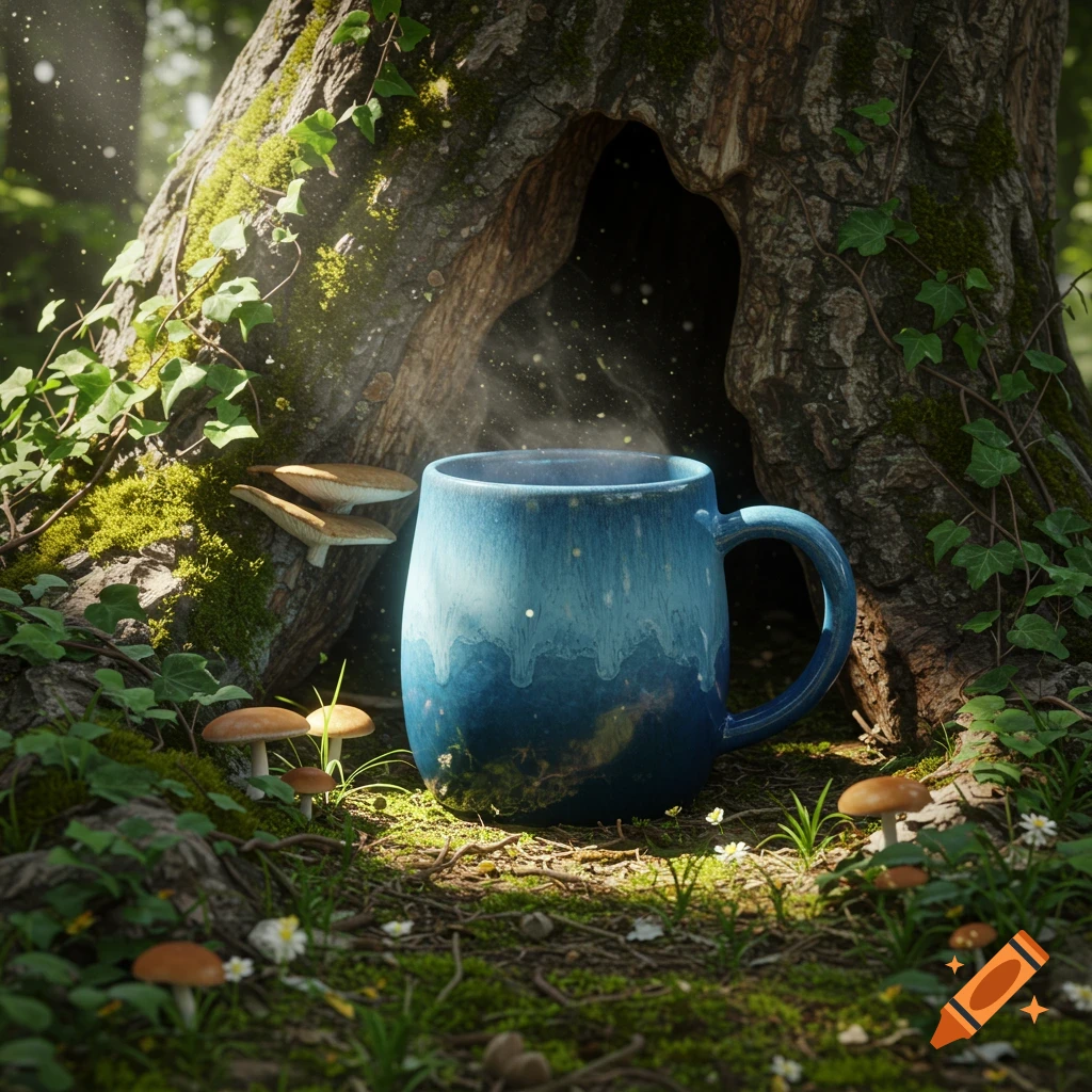 A blue ombre mug with steam rises from it, nestled in a tree hollow with mushrooms and ivy in a sunlit forest.
