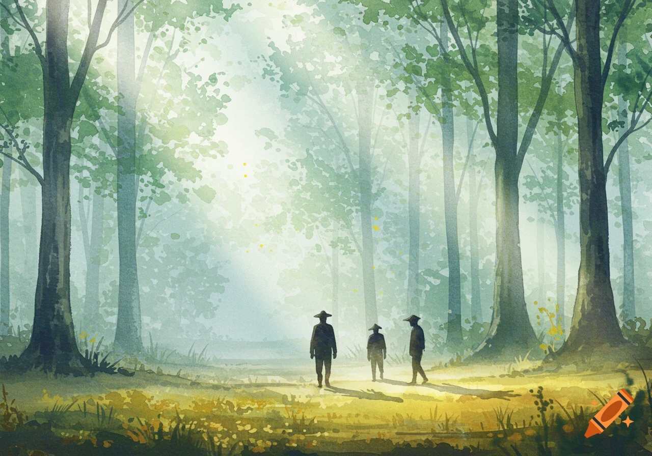 Watercolor painting of three men in silhouette walking through a sunlit, misty forest.